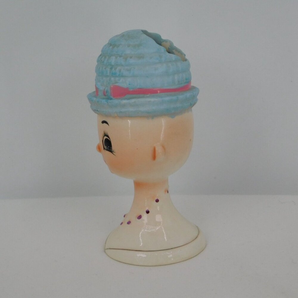 Head Vase Girl Blue Knitted Hat Vintage Japan Ceramic Small Rare 4.5" High FLAW - Picture 2 of 7